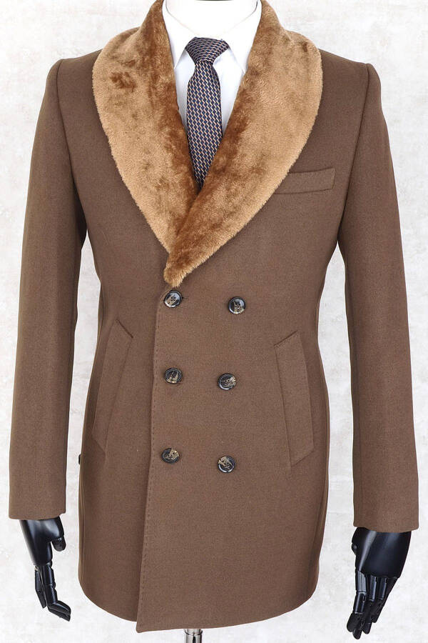 Jancarlucci Men's Double-Breasted Slim Fit Mink Color Removable Fur Collar Detailed Cashmere Coat - 1