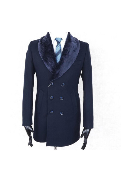 Jancarlucci Men's Double-Breasted Slim Fit Navy Blue Removable Fur Collar Detail Wool Coat - 5