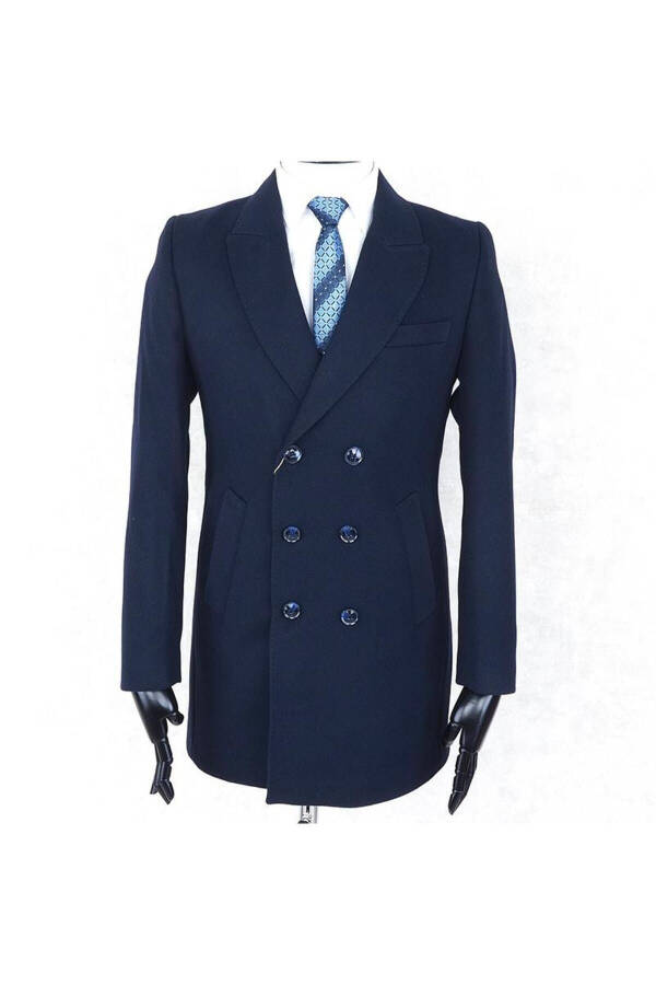 Jancarlucci Men's Double-Breasted Slim Fit Navy Blue Removable Fur Collar Detail Wool Coat - 6