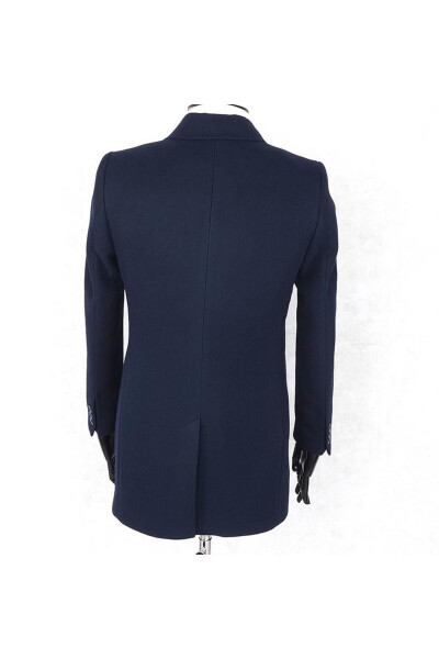 Jancarlucci Men's Double-Breasted Slim Fit Navy Blue Removable Fur Collar Detail Wool Coat - 8