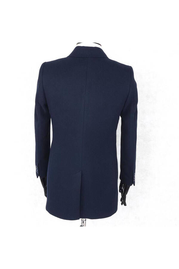 Jancarlucci Men's Double-Breasted Slim Fit Navy Blue Removable Fur Collar Detail Wool Coat - 4