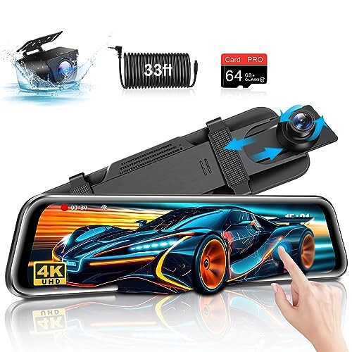 Jansite 4K Rear View Mirror Camera with 64G SD Card Mirror Dash Cam Front and Rear 2160P UHD 10 Rearview Mirror Backup Camera w Super Night Vision Adjustable Reverse Line 24H Parking Monitor - 1