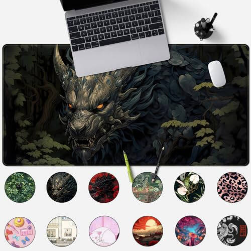 Japan Black Desk Mat Dragon Anime Gaming Mouse Pad Large Desk Pad for Desk Computer Pc Laptop Office Decor for Men, Anime Mouse Keyboard Pad Stitched Edges Non-Slip Rubber Mat Desk Pad, 31.5x15.8 in. - 2