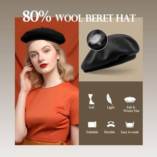 Jeicy Beret Hats for Women, Black Beret, Red Beret, French Wool Beret Hat, （Send a Silk Scarf Brooch） Indoor Outdoor - 4