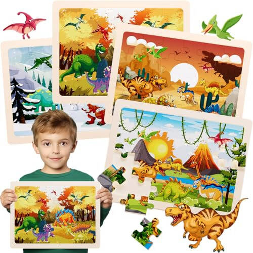 Jigsaw Puzzles Dinosaur Wooden Puzzles for Kids Ages 3-5 Preschool Educational Brain Teaser Boards Toys Four Season Gifts for 3 4 5 6 Year Old Boys Girls 4 Packs 24 Pcs (Dinosaur Theme) - 1