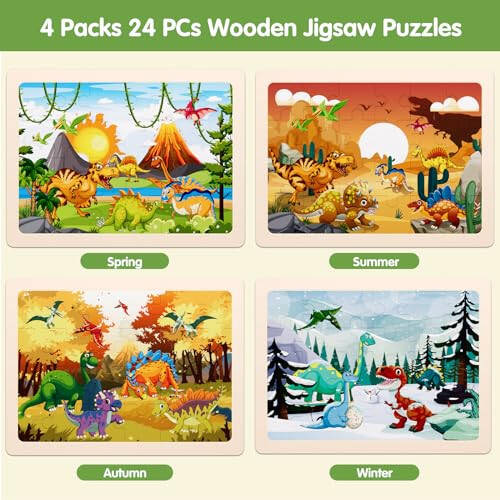 Jigsaw Puzzles Dinosaur Wooden Puzzles for Kids Ages 3-5 Preschool Educational Brain Teaser Boards Toys Four Season Gifts for 3 4 5 6 Year Old Boys Girls 4 Packs 24 Pcs (Dinosaur Theme) - 3