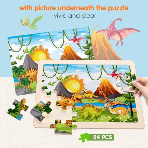 Jigsaw Puzzles Dinosaur Wooden Puzzles for Kids Ages 3-5 Preschool Educational Brain Teaser Boards Toys Four Season Gifts for 3 4 5 6 Year Old Boys Girls 4 Packs 24 Pcs (Dinosaur Theme) - 5