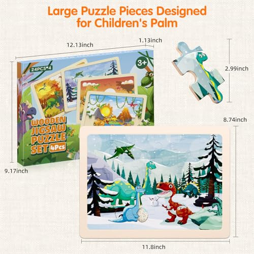 Jigsaw Puzzles Dinosaur Wooden Puzzles for Kids Ages 3-5 Preschool Educational Brain Teaser Boards Toys Four Season Gifts for 3 4 5 6 Year Old Boys Girls 4 Packs 24 Pcs (Dinosaur Theme) - 6