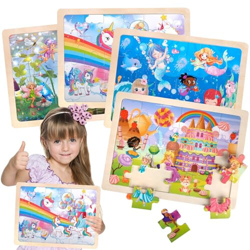 Jigsaw Puzzles Yog'och Puzzlelar Qizlar Uchun 3-5 Yosh Unicorn Mermaid Princess Fairy Puzzle Maktabgacha Ta'lim Miya Teasers Taxtalari O'yinchoqlar Sovg'alar 3 4 5 6 Yosh Bolalar Uchun 4 Paket 24 Don - 1