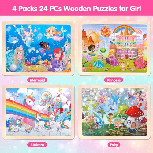 Jigsaw Puzzles Yog'och Puzzlelar Qizlar Uchun 3-5 Yosh Unicorn Mermaid Princess Fairy Puzzle Maktabgacha Ta'lim Miya Teasers Taxtalari O'yinchoqlar Sovg'alar 3 4 5 6 Yosh Bolalar Uchun 4 Paket 24 Don - 3