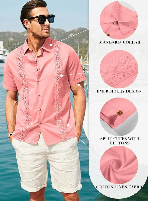 JMIERR Мужские рубашки Guayabera из хлопка и льна, повседневные рубашки с коротким рукавом, пуговицы, летняя пляжная рубашка - 4