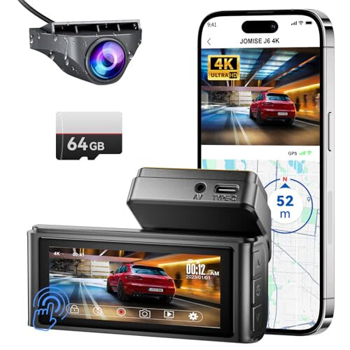 JOMISE 4K Ön ve Arka Dash Cam, 3.16” IPS Dokunmatik Ekran, 64GB Kart Dahil, Arabalar için Çift Dash Kamera, Dahili GPS Wi-Fi, UHD 2160P Gece Görüşü, WDR, 24 Saat Park Etme Monitörü (J6) - 1