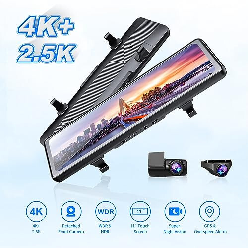 JOMISE 4K+2.5K ajratilgan orqa ko'rinish oynasi kamerasi, 10.88'' oynali avtomobil uchun old va orqa ikki kamera dash kamerasi, park nazorati/tunning ko'rinishi/G-sensor/32GB karta bilan orqa ko'rinish oynasi kamerasi - 3