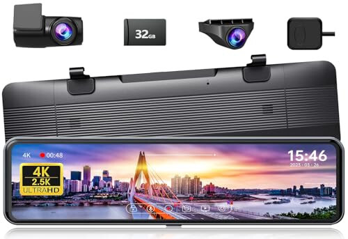 JOMISE 4K+2.5K ajratilgan orqa ko'rinish oynasi kamerasi, 10.88'' oynali avtomobil uchun old va orqa ikki kamera dash kamerasi, park nazorati/tunning ko'rinishi/G-sensor/32GB karta bilan orqa ko'rinish oynasi kamerasi - 1