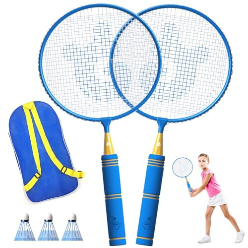 JOY SPOT! Çocuklar için Badminton Raketi Seti, Yumuşak Saplı, Büyük Boy ve Hafif Çakmaklı Raketi, Çantayla, Çocuk ve Gençler İçin, 2 Oyunculu Spor Oyunu, İç ve Dış Mekan Bahçesi İçin - 1