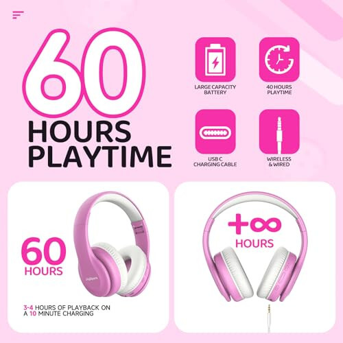 JoySpark Kids Bluetooth Headphones, Lightweight Kids Wireless Headphones for Kids, 85/94dB Volume Limited, 60 Hours Playtime, Bluetooth 5.3, Over-Ear Toddler Headphones with Built-in Mic - Pink - 4