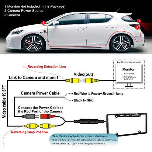 JPP License Plate Backup HD Camera, Rear View Camera 170° Viewing Angle Universal Night Vision Waterproof High Sensitive 7 Bright LED Reversing Car Camera - 6