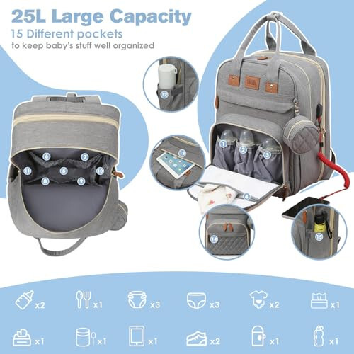 JSTPRO Diaper Bag Backpack, Large Diaper Bag with Changing Station, Baby Diaper Bag, New Mom Gifts, Lightweight Waterproof Unisex Diaper Bag with Insulated Pockets and USB Charging Port, Grey - 2