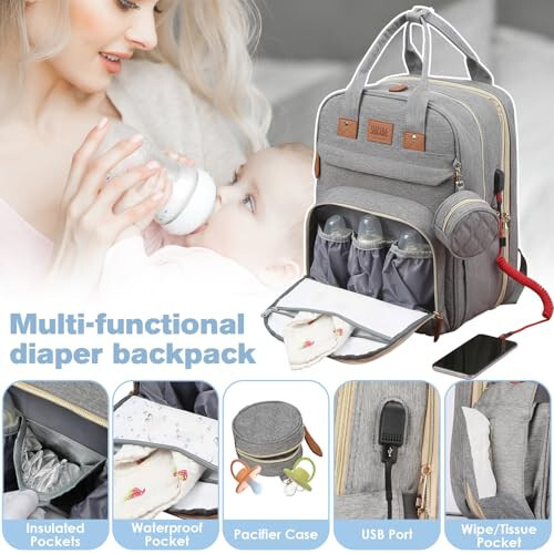 JSTPRO Diaper Bag Backpack, Large Diaper Bag with Changing Station, Baby Diaper Bag, New Mom Gifts, Lightweight Waterproof Unisex Diaper Bag with Insulated Pockets and USB Charging Port, Grey - 5