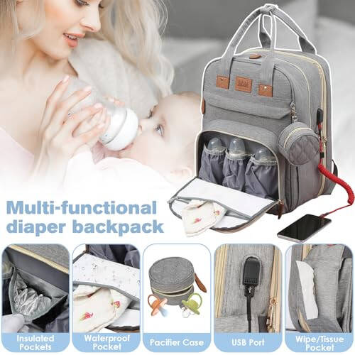 JSTPRO Diaper Bag Backpack, Large Diaper Bag with Changing Station, Baby Diaper Bag, New Mom Gifts, Lightweight Waterproof Unisex Diaper Bag with Insulated Pockets and USB Charging Port, Grey - 5