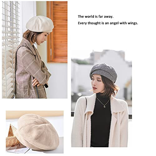 JUENAWMIU Women Winter Classic Beret Hat Newsboy Cap Painter Hats Houndstooth Beret Hats - 3