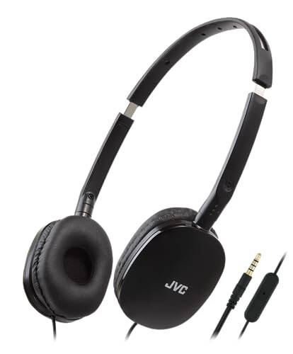 JVC Black Flat Foldable Colorful Flats On Ear Headphones with Remote and Microphone, 3.94 Foot Gold Plated 3.5mm Slim Plug - HAS160MB, Adjustable - 1