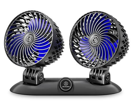 JZCreater Car Fan - Dual Head USB Desk & Portable Vehicle Cooling Fan with Variable Speed & 360°Rotation for Car Dashboard, SUV, RV, Truck, Sedan, Cruise & Office Use, Quiet & Small Fan, Black Blue - 1