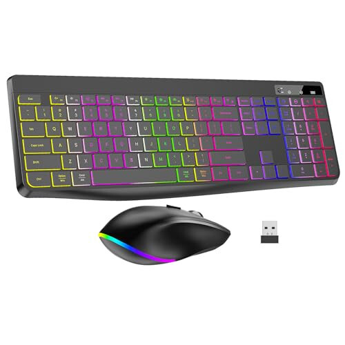 Kablosuz Klavye ve Fare Kombosu Aralıksız Aydınlatmalı, 2.4Ghz Şarj Edilebilir Aydınlatmalı Klavye ve RGB Fare, Sessiz Ergonomik Kablosuz Fare Klavye Mac, Windows, Dizüstü Bilgisayar, PC İçin (Siyah) - 1