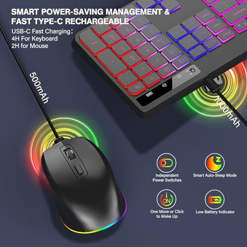 Kablosuz Klavye ve Fare Kombosu Aralıksız Aydınlatmalı, 2.4Ghz Şarj Edilebilir Aydınlatmalı Klavye ve RGB Fare, Sessiz Ergonomik Kablosuz Fare Klavye Mac, Windows, Dizüstü Bilgisayar, PC İçin (Siyah) - 4