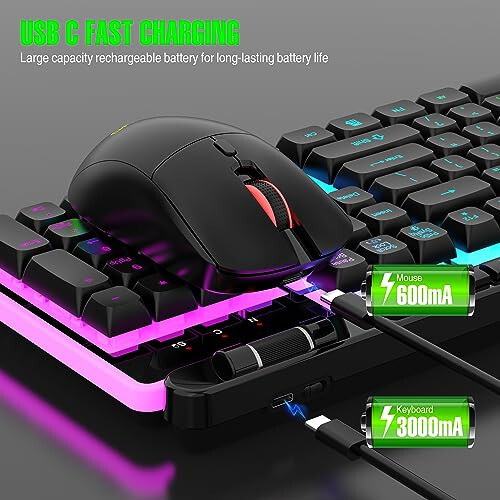 Kablosuz Klavye ve Fare Kombosu, Oyun Klavyesi Şarj Edilebilir Serin RGB Arka Aydınlatma, 7 Tuşlu Tam Boy Klavye Ergonomik Tasarım ile, Aydınlatmalı Oyun Faresi 3200 DPI PC Masaüstü/Dizüstü Bilgisayar/MAC için - 3