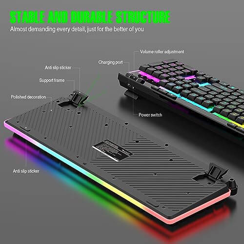 Kablosuz Klavye ve Fare Kombosu, Oyun Klavyesi Şarj Edilebilir Serin RGB Arka Aydınlatma, 7 Tuşlu Tam Boy Klavye Ergonomik Tasarım ile, Aydınlatmalı Oyun Faresi 3200 DPI PC Masaüstü/Dizüstü Bilgisayar/MAC için - 5