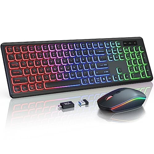 Kablosuz Klavye ve Fare Kombosu - RGB Arkaplan Aydınlatmalı, Şarj Edilebilir ve Işıklı Harfler, Tam Boy, Ergonomik Eğim Açısı, Uyku Modu, Mac, Windows, Dizüstü Bilgisayar, PC İçin 2.4GHz Sessiz Klavye Fare, Trueque - 1