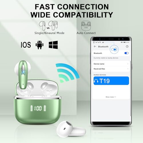 Kablosuz Kulaklık, Bluetooth 5.3 Kulaklıklar 40 Saatte Çalma Süresi Derin Bas Stereo Mini Şarj Kutusu ile, Çift Mikrofonlu Aramalı Bluetooth Kulaklık, IP7 Su Geçirmez Kulak İçi Kulaklıklar Android iOS Telefonlar İçin Yeşil - 5