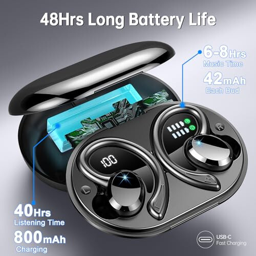 Kablosuz Kulaklık Bluetooth Kulaklık Spor, 2024 Bluetooth 5.3 Kulaklık 14.2mm Sürücü Stereo Kulak Üstü Kulaklık, 48 Saat Kulaklık Kulak Kancası ile, Gürültü Önleyici Mikrofon, IP7 Su Geçirmez Kulaklık Antrenman/Koşu İçin - 4