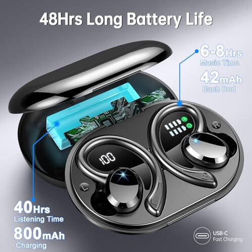 Kablosuz Kulaklık Bluetooth Kulaklık Spor, 2024 Bluetooth 5.3 Kulaklık 14.2mm Sürücü Stereo Kulak Üstü Kulaklık, 48 Saat Kulaklık Kulak Kancası ile, Gürültü Önleyici Mikrofon, IP7 Su Geçirmez Kulaklık Antrenman/Koşu İçin - 4