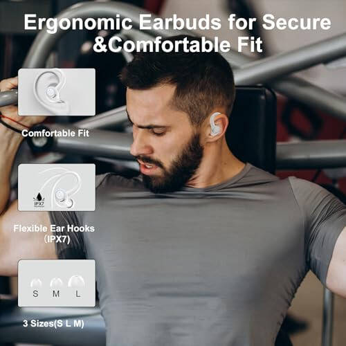 Kablosuz Kulaklık Spor Kulak İçi, Bluetooth 5.3 Kulak Üstü Kulaklık Stereo Derin Bas Kulaklık Kulak Kancası ile, 48 Saat Kablosuz Kulaklık HD Mikrofonlu, IP7 Su Geçirmez Spor/Koşu/Antrenman için Kulaklık Beyaz - 5