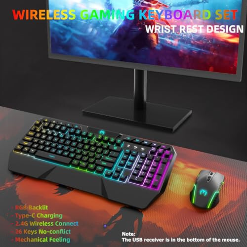 Kablosuz Oyun Klavyesi ve Fare Kombosu - RGB Aralıksız Aydınlatmalı, Şarj Edilebilir Kablosuz Klavye, Bilek Desteği Ergonomik, Aralıksız Aydınlatmalı Fare, Kablosuz Oyun Klavyesi ve Fare, Uzun Ömürlü Yerleşik Pil (Siyah) - 2