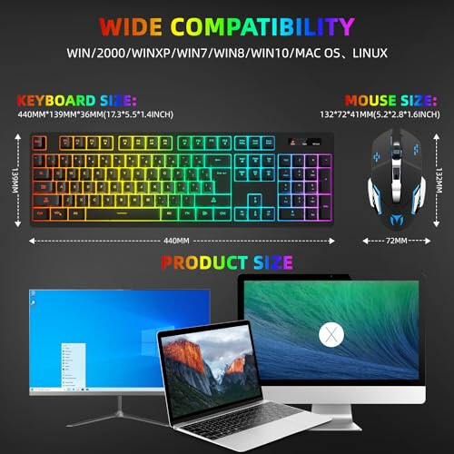 Kablosuz Oyun Klavyesi ve Fare Kombosu - RGB Arka Aydınlatmalı, Şarj Edilebilir Kablosuz Klavye ve Ergonomik Arka Aydınlatmalı Fare, Oyun ve İş İçin Kablosuz Klavye ve Fare, Uzun Ömürlü Dahili Pil (Siyah) - 7