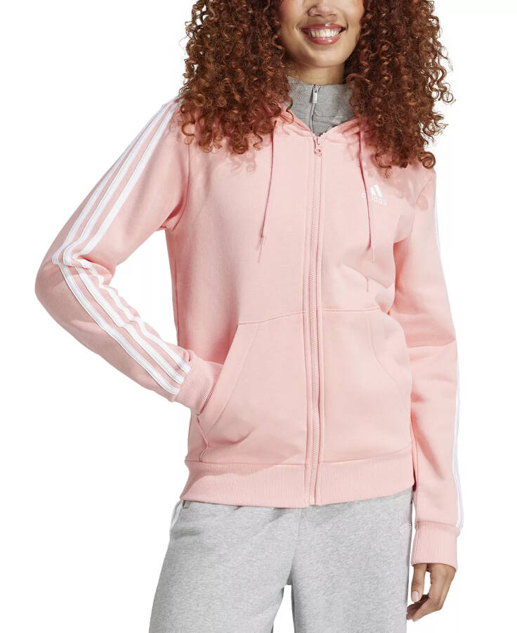 Kadın 3 Çizgili Pamuklu Polar Tam Fermuarlı Kapüşonlu Sweatshirt Yarı Pembe Parıltı - 5