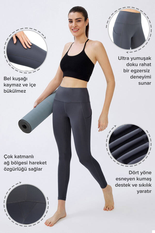 Kadın Antrasit Yüksek Bel Toparlayıcı Çift Cepli Spor Tayt Shades - 3