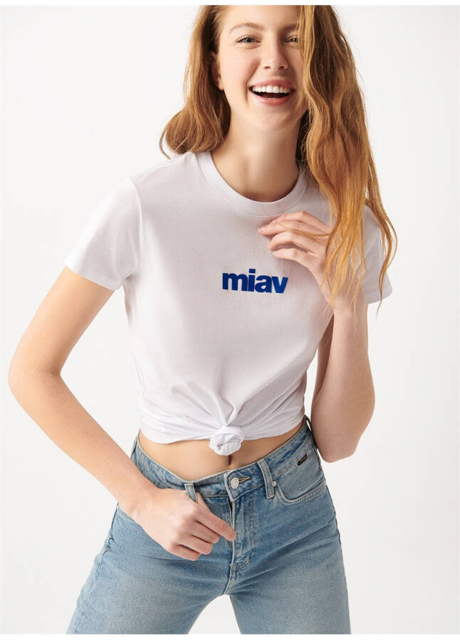 Kadın Beyaz T-Shirt, Yuvarlak Yaka, Normal Kalıp, Mavi M1610622-620 - 7