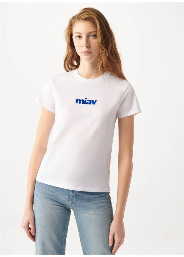 Kadın Beyaz T-Shirt, Yuvarlak Yaka, Normal Kalıp, Mavi M1610622-620 - 9