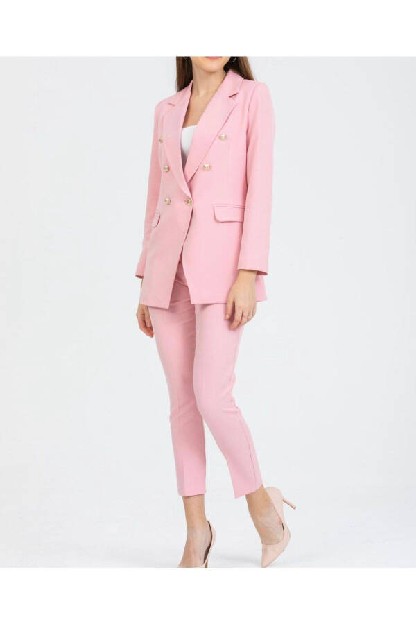 Kadın Blazer Ceket Kemerli Pantolon Takım Pembe - 7