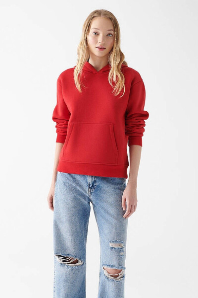 Kadın Kapüşonlu Kırmızı Basic Sweatshirt 167299-82054 - 2