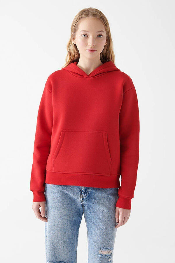 Kadın Kapüşonlu Kırmızı Basic Sweatshirt 167299-82054 - 3