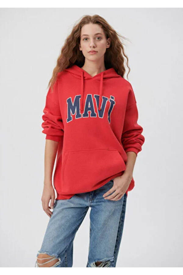 Kadın Kırmızı M1600361-82054 Mavi Logo Kapüşonlu Sweatshirt - 6