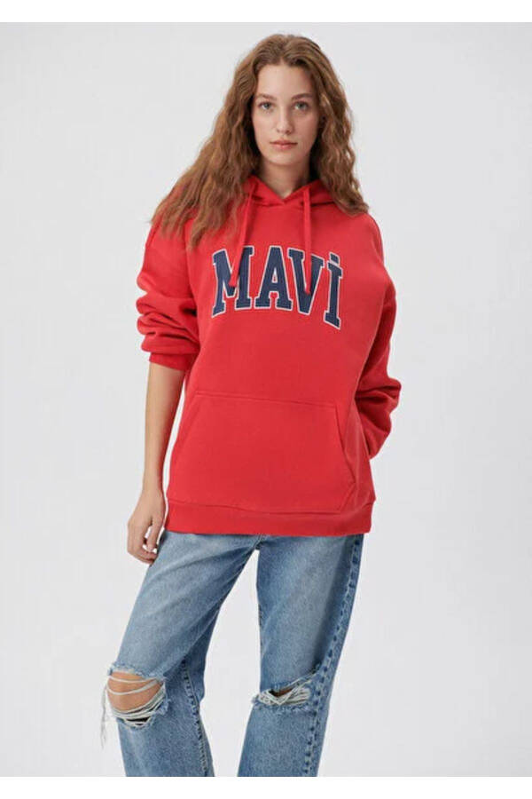 Kadın Kırmızı M1600361-82054 Mavi Logo Kapüşonlu Sweatshirt - 3