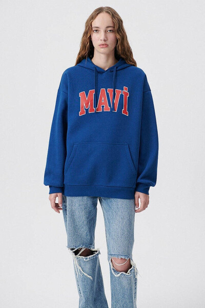 Kadın Mavi Logo Baskılı Kapüşonlu Lacivert Sweatshirt 1600361-82625 - 3