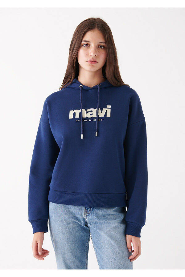 Kadın Mavi Logo Baskılı Kapüşonlu Lacivert Sweatshirt 168334-70488 - 3