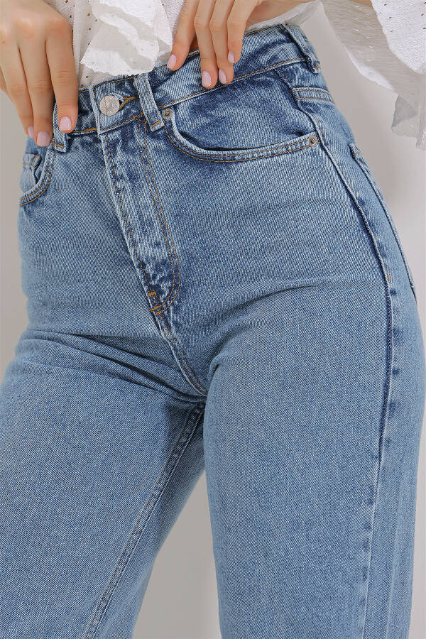 Kadın Mavi Yüksek Bel Yanları Yırtmaçlı Wide Leg Jean Pantolon ALC-X11472 - 6